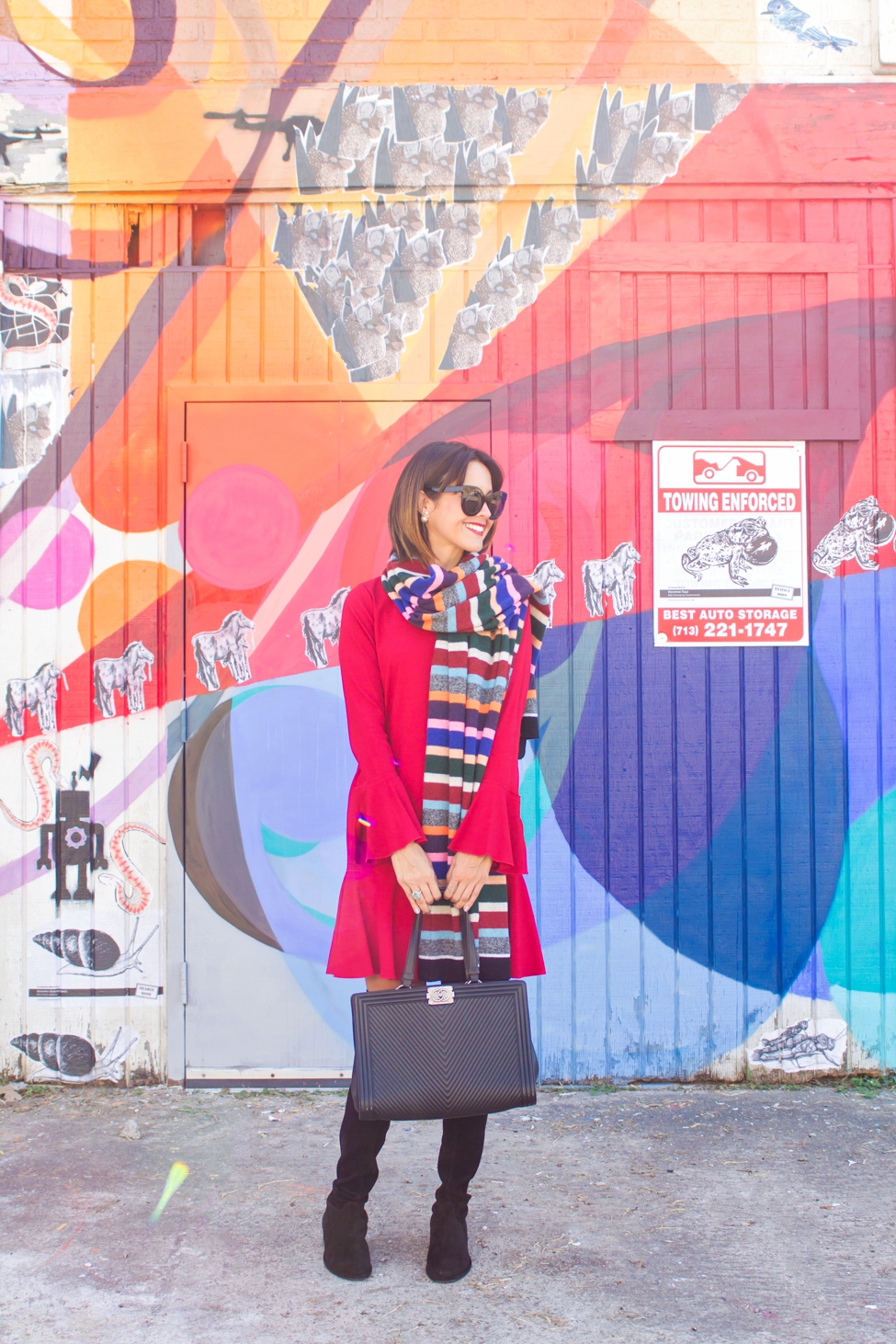 wear-where-well-theory-bell-sleeve-red-dress-colorful-striped-scarf_0004