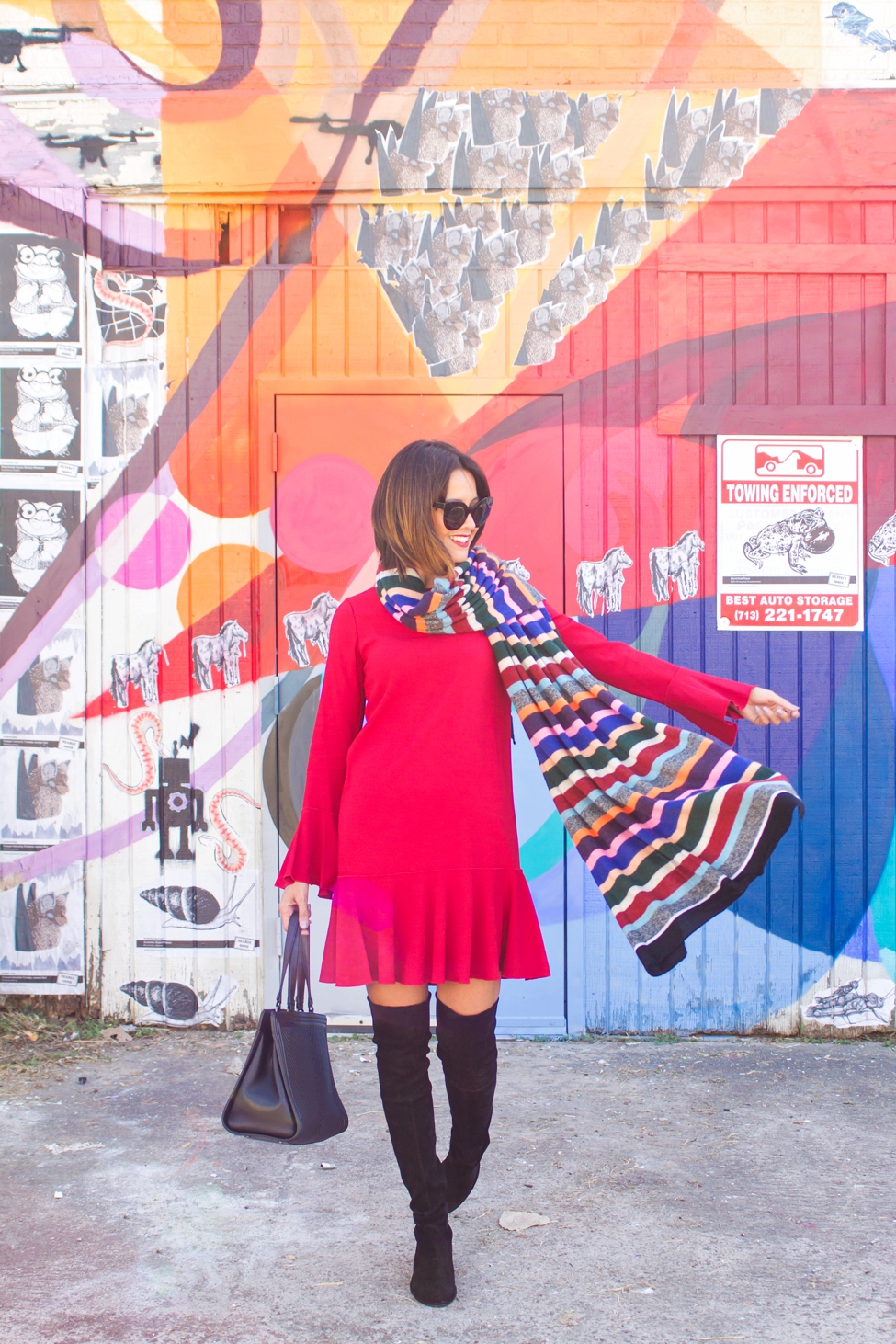 wear-where-well-theory-bell-sleeve-red-dress-colorful-striped-scarf_0011