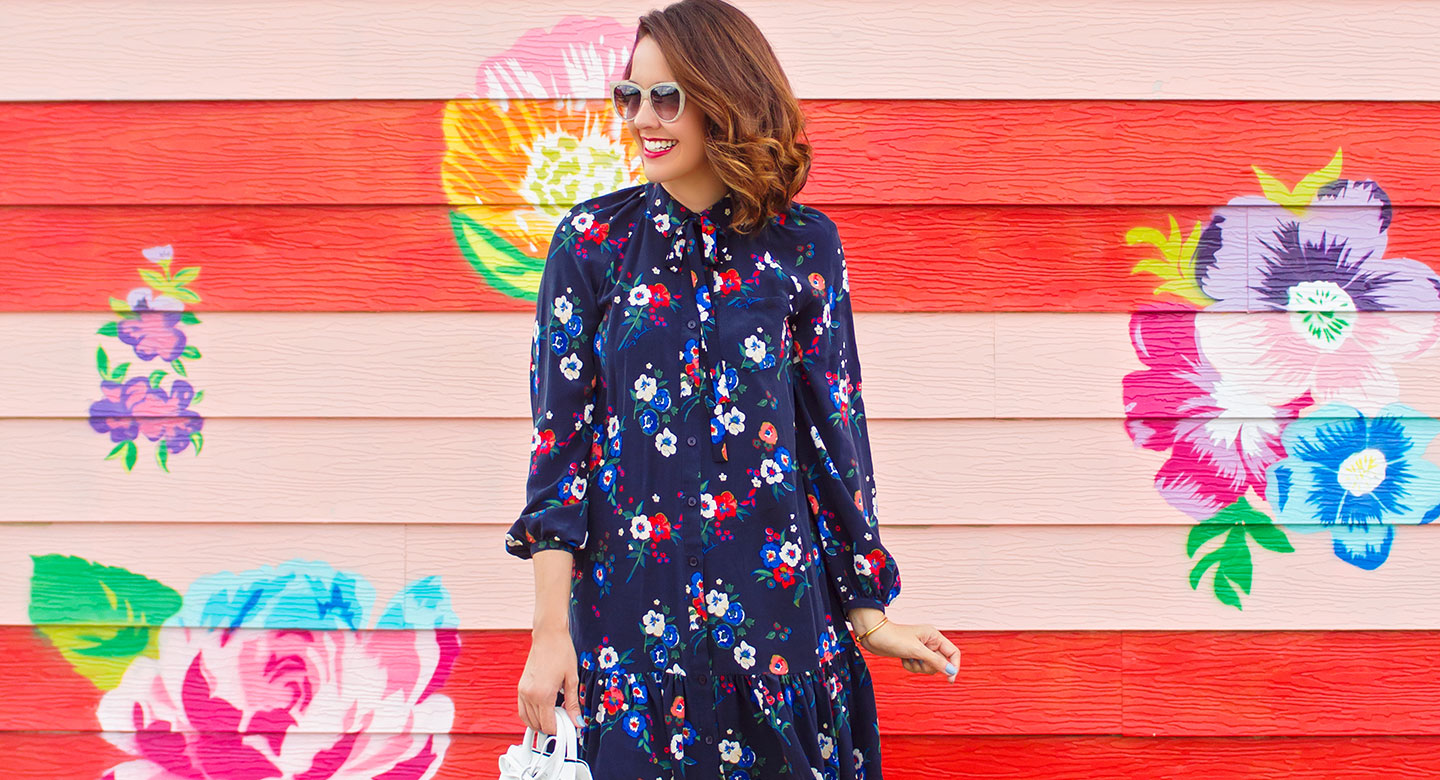 Tory Burch Floral Silk Shirtdress and White Accessories - Carrie Colbert